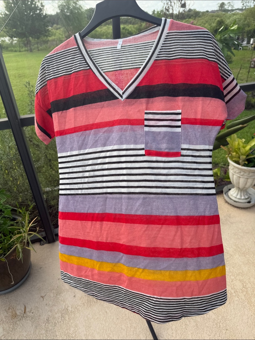 Lightweight knit -Red, Black, Lavender & Yellow Striped V‑Neck Pocket Tee